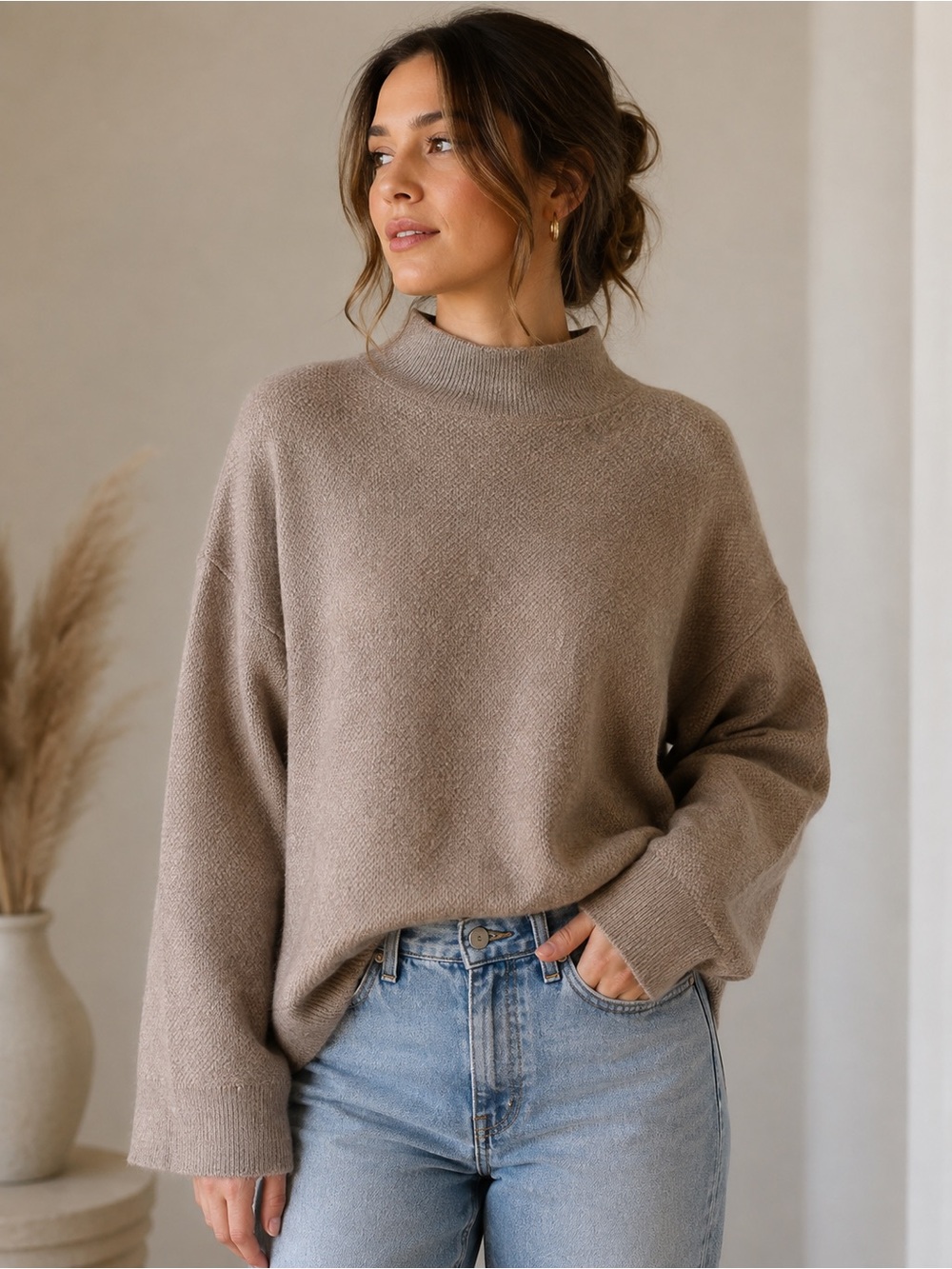 Maeve Neutral Taupe Mock Neck Sweater